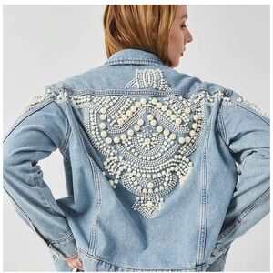 Blue Eriko Pearl Beaded Denim Button Jacket M